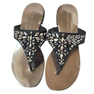 Arturo Chiang Black Leather Flip Flop Sandal with Rhinestone Embellishment   7